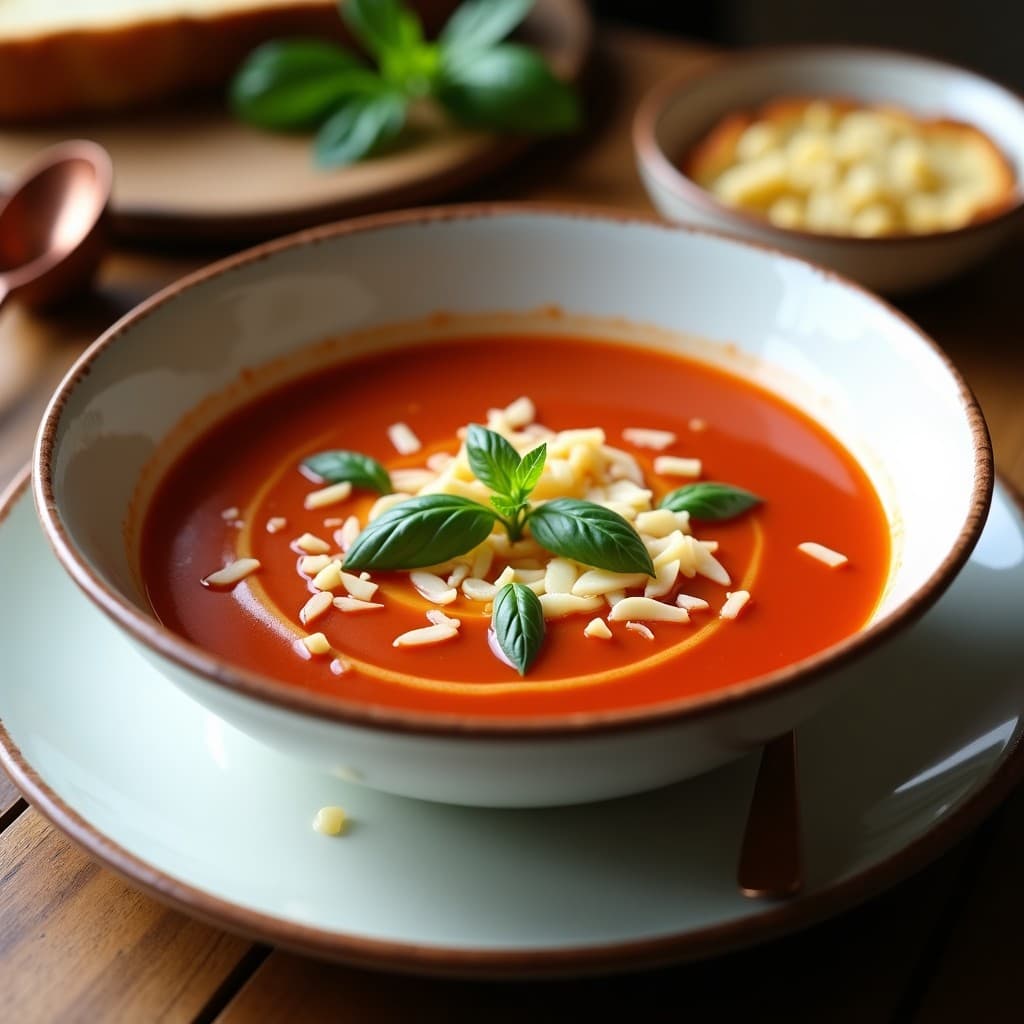 Plato hondo blanco con sopa de tomate ahumado cremosa, decorada con virutas de parmesano y hojas de albahaca fresca, servida con un hilo de aceite de oliva virgen extra. Receta de sopa de tomate ahumado y albahaca con virutas de parmesano en olla exprés.