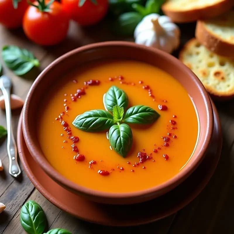 Cuenco de barro humeante con sopa de tomate y albahaca de color dorado, coronada con hojas frescas de albahaca y un hilo de aceite de oliva. Acompañada de rebanadas de pan tostado y hebras de azafrán visibles. Receta española reconfortante.