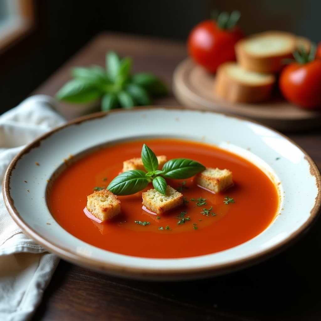 Cuenco hondo de cerámica blanca con sopa de tomate y albahaca cremosa, decorada con croutons dorados de pan de centeno, hojas de albahaca fresca y un hilo de aceite de oliva virgen extra. Plato rústico y elegante sobre mesa de madera oscura.