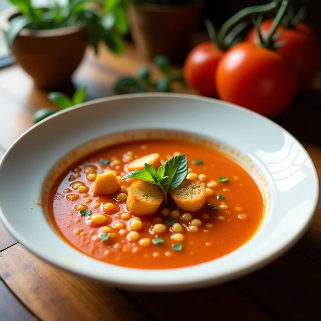 Plato hondo de cerámica blanca con sopa de tomate y albahaca de color rojo intenso, coronada con croutons dorados de garbanzos y pan integral. Acompañada de hojas frescas de albahaca y un hilo de aceite de oliva virgen extra, receta vegana crunchy en airfryer.