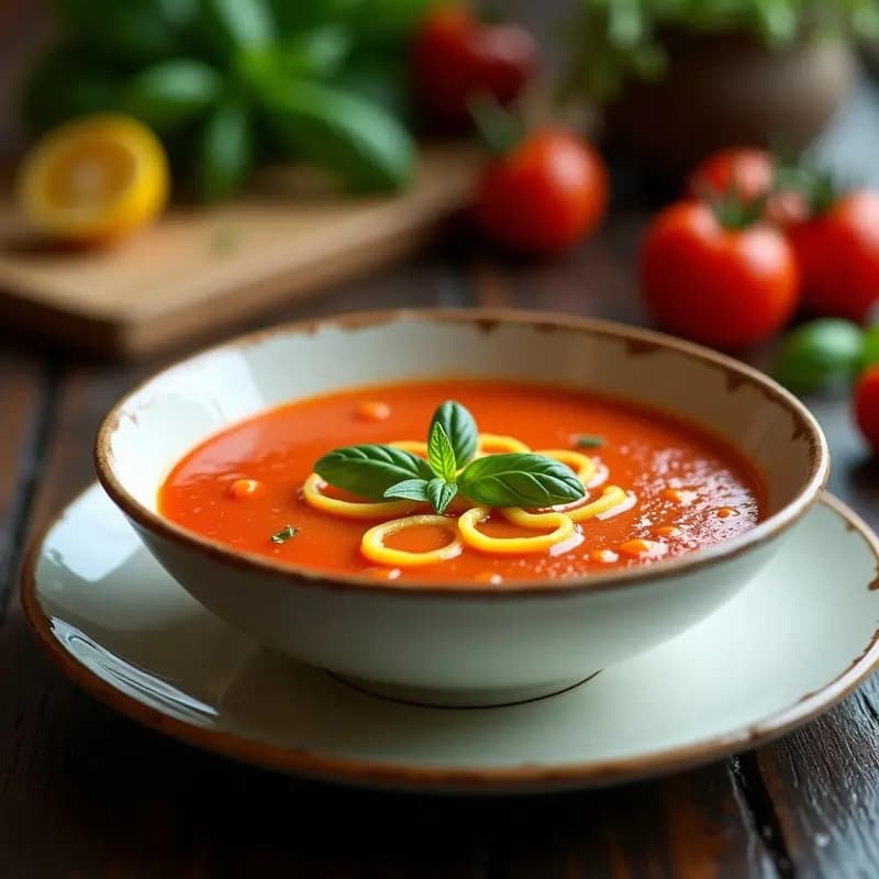 Cuenco de cerámica blanca con sopa de tomate y albahaca de color rojo intenso, decorada con tiras de limón confitado amarillo y hojas de albahaca fresca verde. fondo rústico de madera con hilo de aceite de oliva virgen extra.