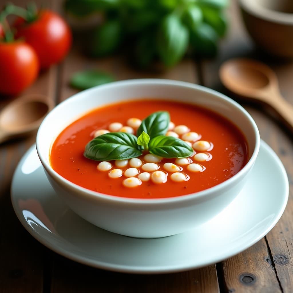 Plato hondo blanco con sopa de tomate y albahaca de color rojo intenso, salpicada de perlas de tapioca translúcidas y hojas de albahaca fresca verde brillante. Fondos borrosos de cocina con utensilios de madera y hierbas aromáticas.