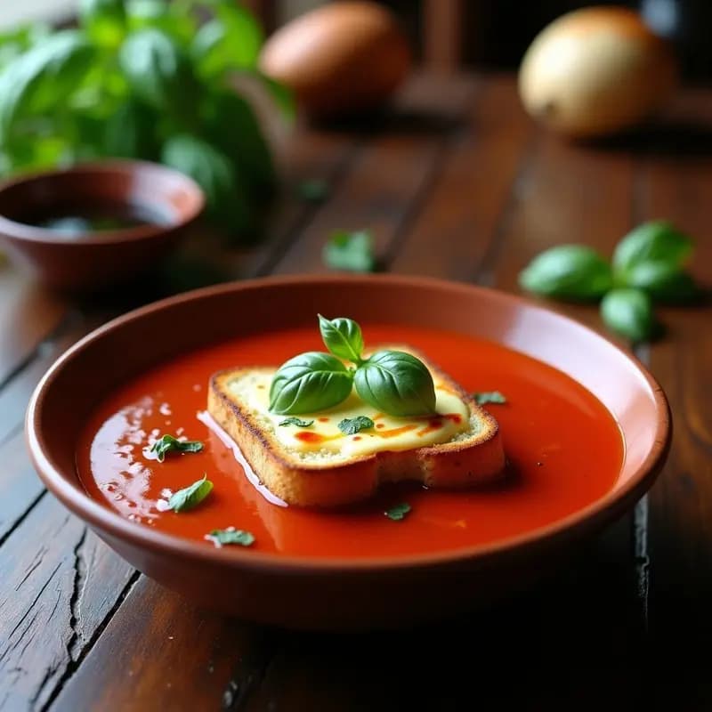 Cuenco de sopa de tomate y albahaca con queso de cabra gratinado dorado, servido en recipiente rústico de barro con hojas de albahaca fresca y hilo de aceite de oliva, entrante francés cremoso y ligero.