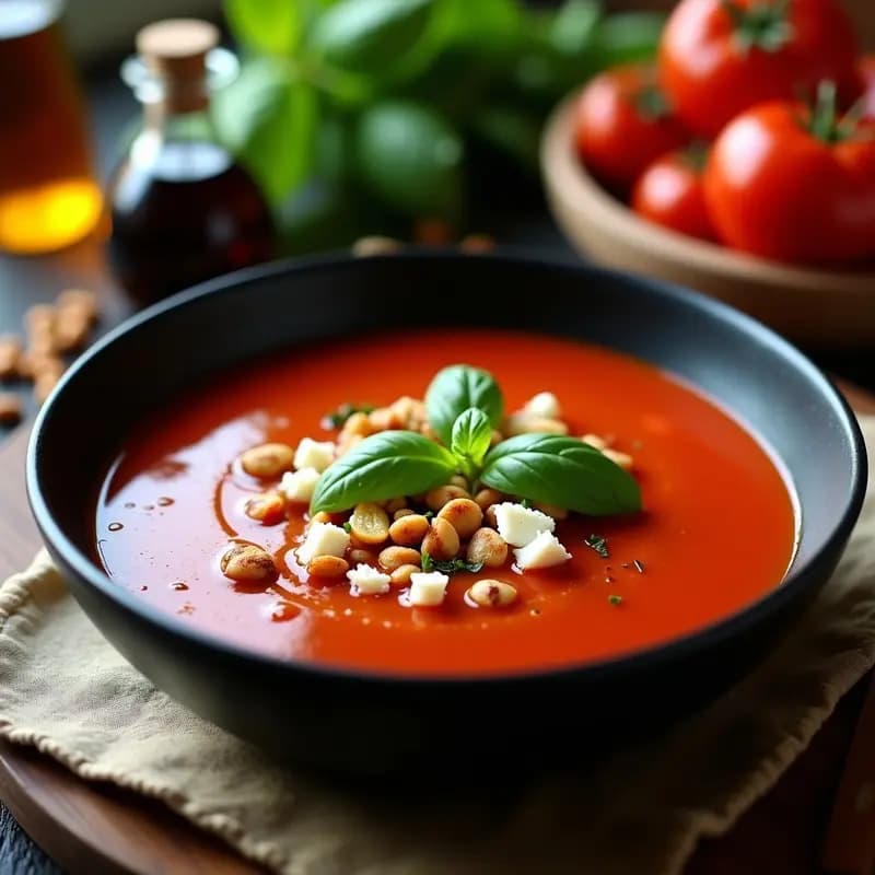 Plato hondo de cerámica negra con sopa de tomate y albahaca de color rojo intenso, decorada con toppings de queso de cabra desmenuzado blanco, piñones dorados y hojas de albahaca fresca verde. Fondos borrosos de ingredientes rústicos como tomates y aceite de oliva.