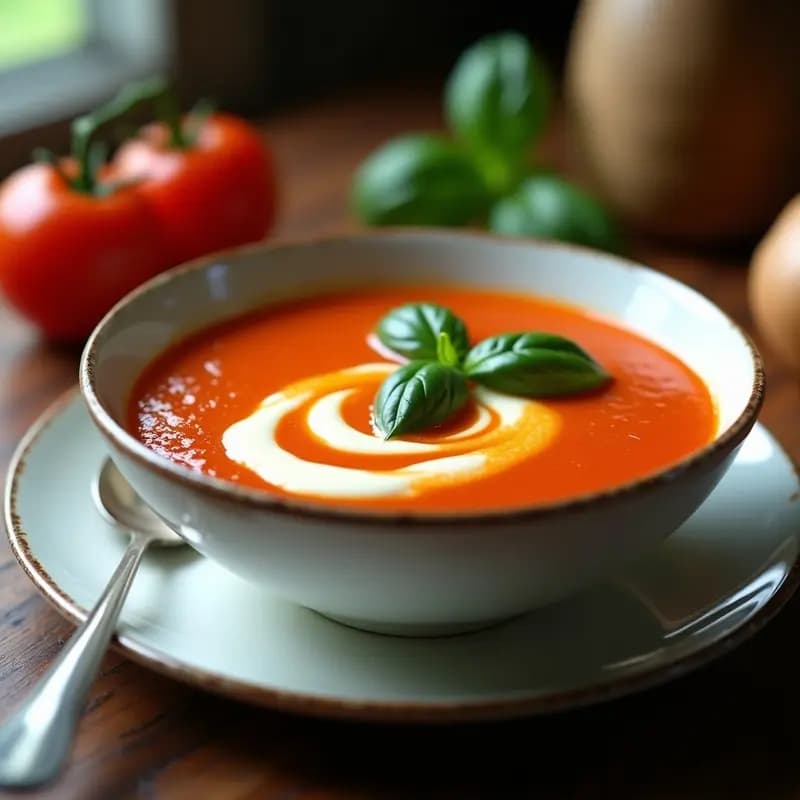 Plato hondo de cerámica blanca con sopa de tomate y albahaca de color rojo intenso, coronada con una cucharada de mascarpone cremoso y hojas de albahaca fresca verde brillante, acompañada de rebanada de pan tostado. Receta italiana clásica con toque cremoso.