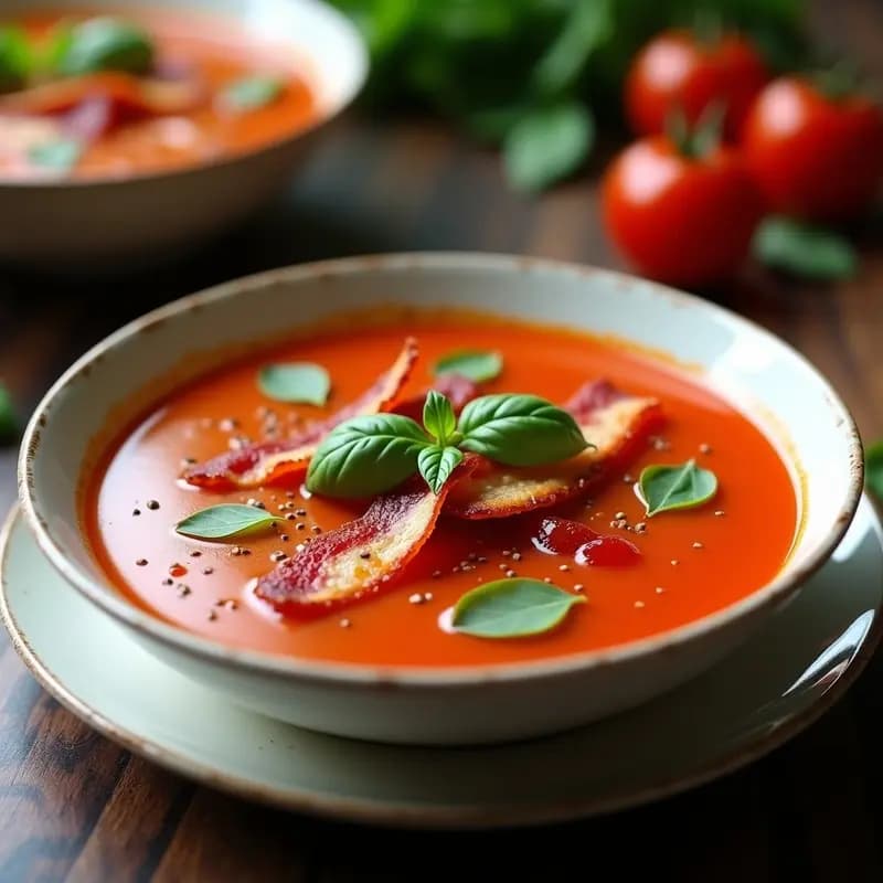 Cuenco blanco con sopa de tomate y albahaca cremosa, coronada con tiras doradas de tocino de pavo crujiente y hojas frescas de albahaca. Fondo rústico de madera con hilo de aceite de oliva y pimienta negra espolvoreada.