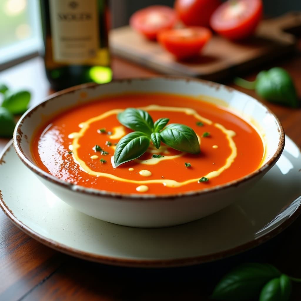 Cuenco blanco de cerámica con sopa de tomate y albahaca griega, coronada con hojas frescas de albahaca y un hilo de aceite de oliva virgen extra, sobre fondo rústico de madera con una botella de vino blanco y pan de pita al lado.
