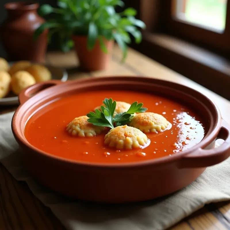 Cazuela de barro humeante con sopa de tomate espesa y albóndigas de pan doradas, decorada con perejil fresco. Receta tradicional española de aprovechamiento sin carne.
