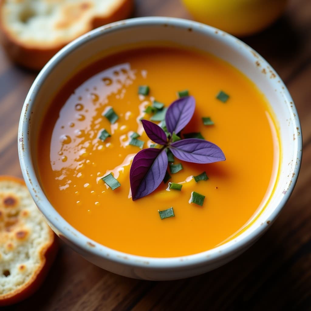 Plato hondo de cerámica blanca con sopa de tomate amarillo y albahaca morada colombiana, decorada con hojas frescas de albahaca morada y un hilo de aceite de oliva. El color amarillo vibrante contrasta con las vetas moradas de la albahaca. Fondo rústico con pan de yuca.