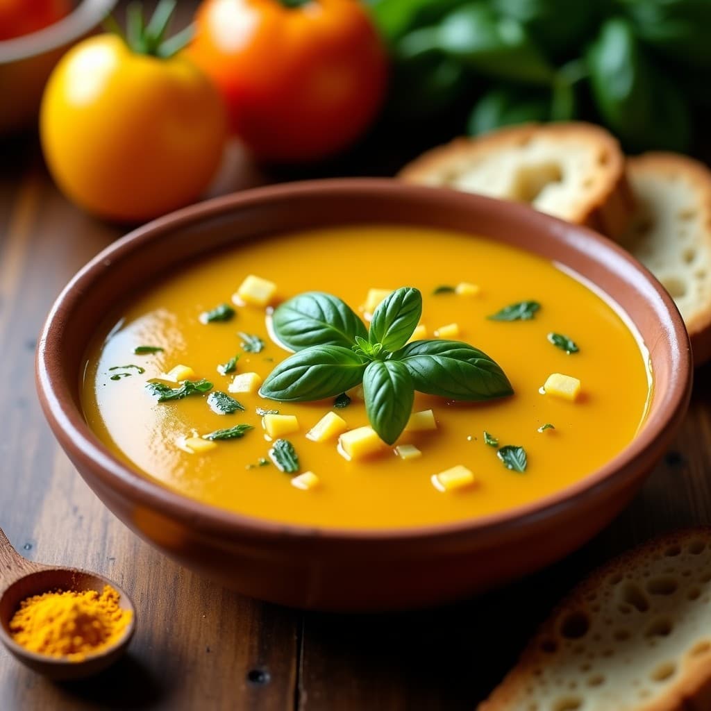 Sopa de Tomate Amarillo y Cúrcuma con Albahaca Fresca: Receta Andina Reconfortante en Olla Exprés