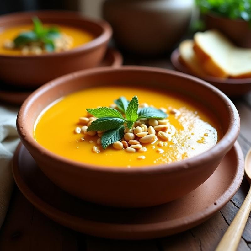 Plato hondo de barro con sopa de tomate amarillo y maní vegana, decorada con cilantro fresco y un hilo de aceite de oliva. Fondos de ingredientes como tomates amarillos, maní y hierbas frescas sobre una mesa de madera rústica.