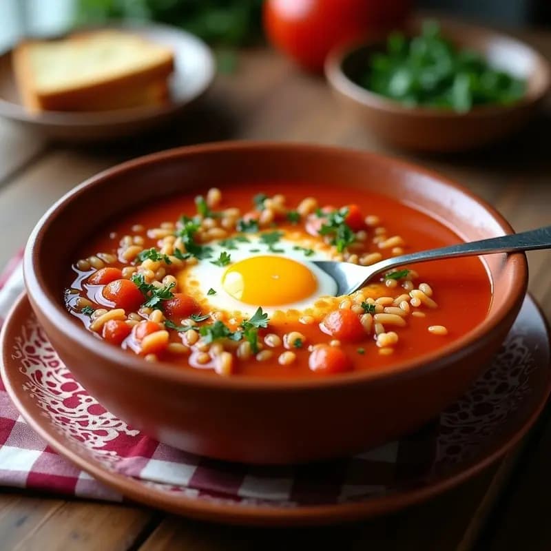 Plato hondo de barro con sopa de tomate con arroz, servida con rebanadas de pan duro tostado y perejil fresco picado. Receta tradicional española para aprovechar pan duro.