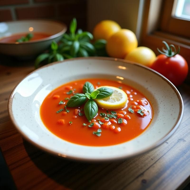 Cuenco blanco con sopa de tomate blanco y albahaca vegana, decorada con hojas frescas de albahaca y un hilo de aceite de oliva, acompañada de pan de pita tostado sobre fondo rústico de madera.