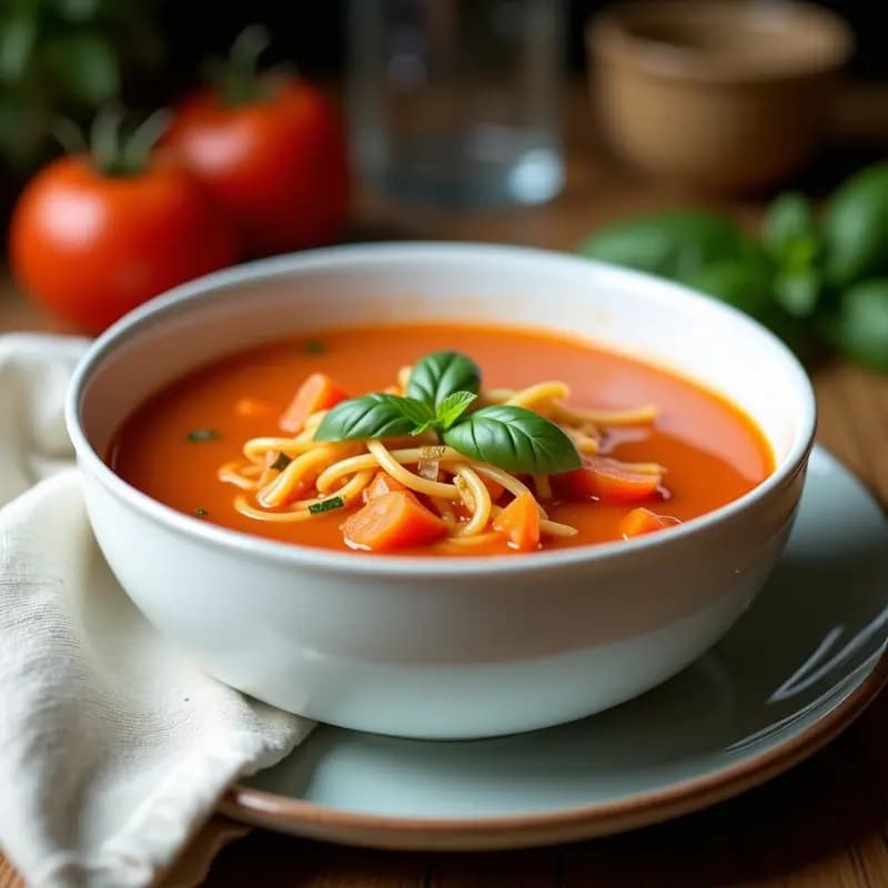 Plato hondo blanco con sopa de tomate con fideos finos, trocitos de zanahoria y cebolla, espolvoreada con albahaca fresca. Receta tradicional de abuela para niños, servida humeante.