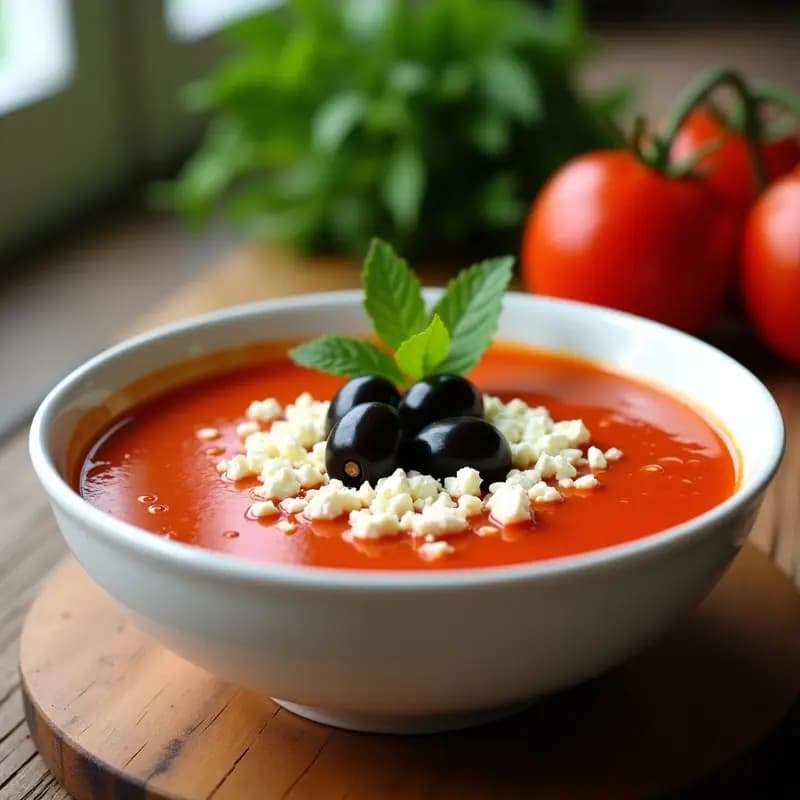 Cuenco blanco con sopa de tomate frío de color rojo intenso, decorada con sorombera de queso feta desmenuzado y aceitunas Kalamata negras. Hoja de hierbabuena fresca como toque final. Plato refrescante de gazpacho griego sobre fondo de madera rústica.