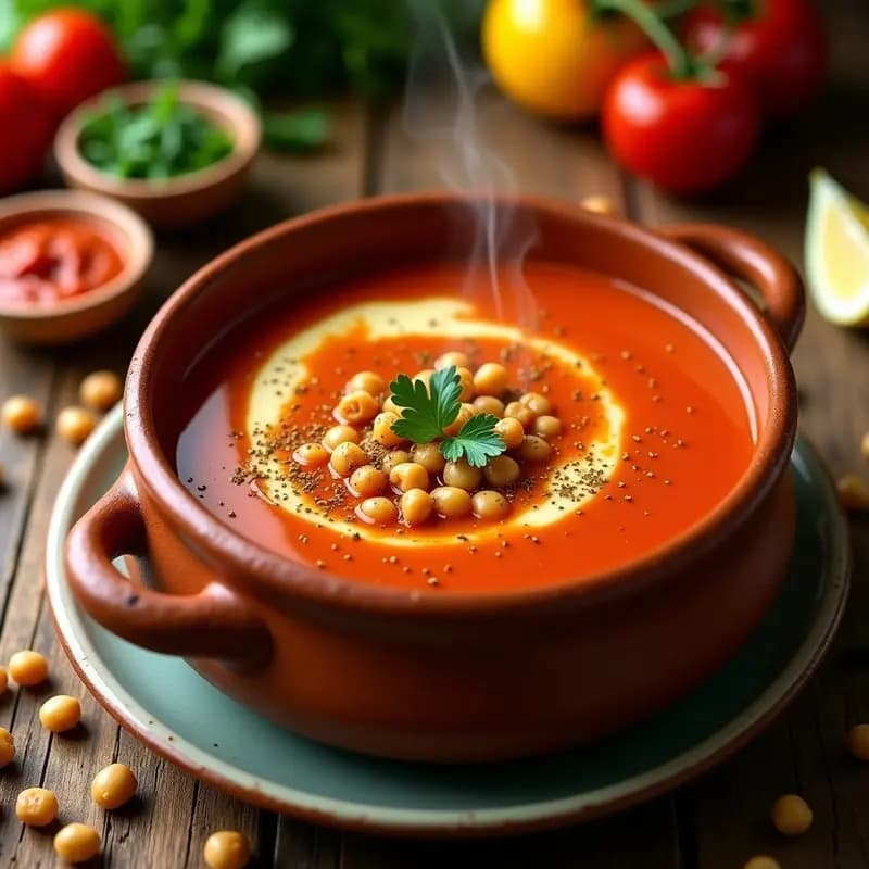 Plato hondo de barro con sopa de tomate marroquí espesa, de color rojo intenso, con garbanzos enteros y trozos de cebolla. Decorada con cilantro fresco picado y un hilo de aceite de oliva. Fondo rústico con pan integral tostado.