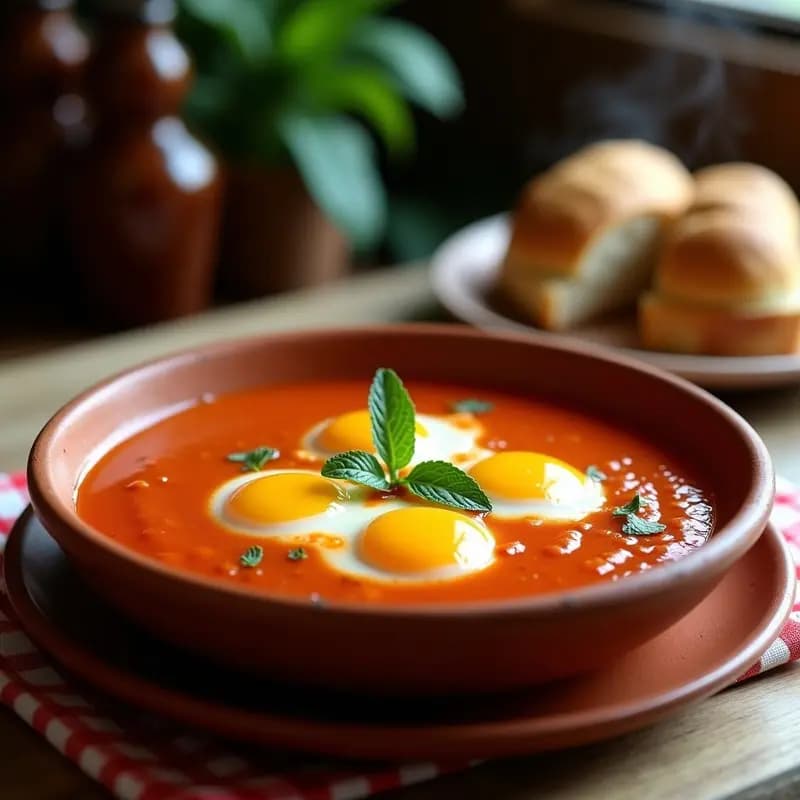 Cazuela de barro humeante con sopa de tomate espesa, huevos escalfados en la superficie, rebanadas de pan flotando y hojas de hierbabuena fresca como decoración. Receta andaluza tradicional de sopa de tomate con huevos a la flamenca.