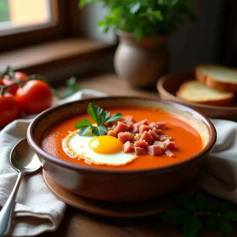 Plato hondo de barro con sopa de tomate cremosa, taquitos de jamón serrano dorados, huevo poché con yema líquida y trozos de pan tostado, receta tradicional de Castilla-La Mancha.