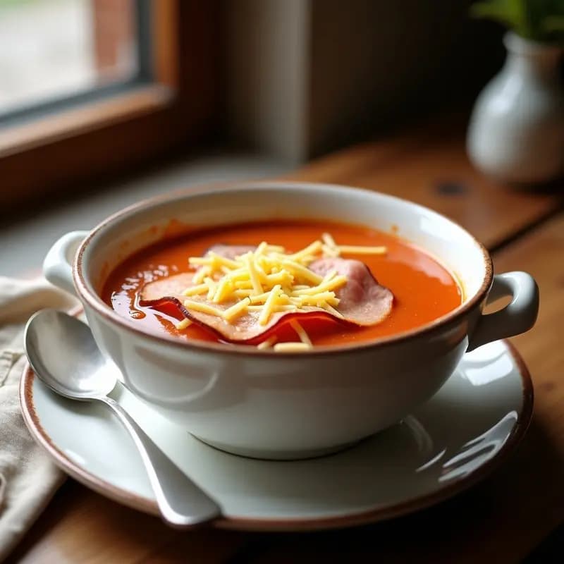 Cuenco hondo de cerámica blanca con sopa de tomate humeante, cubierto con lonchas de jamón York y una capa dorada de queso rallado fundido sobre pan tostado en triángulos. Receta de infancia rápida y reconfortante.