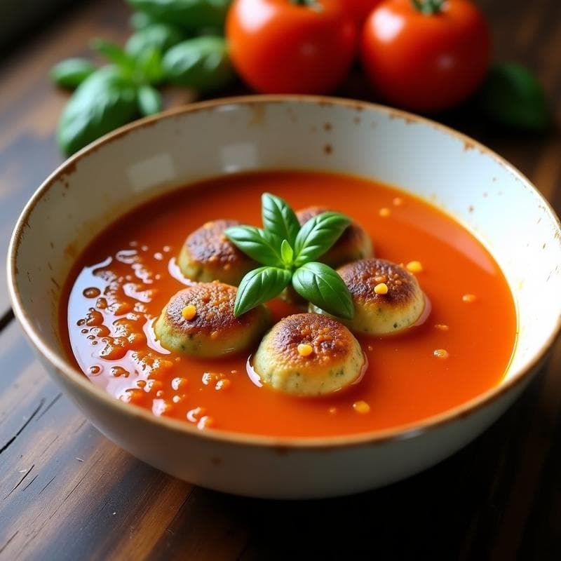 Plato hondo blanco con sopa de tomate keto cremosa, albóndigas de calabacín doradas flotando y un toque de nata y albahaca fresca. Receta en olla exprés sin harina, ideal para dieta baja en carbohidratos.