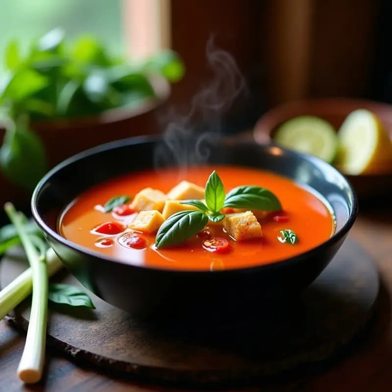 Plato hondo de cerámica negra con sopa de tomate tailandesa humeante, trozos de tofu ahumado, rodajas de chile rojo y hojas de albahaca tailandesa fresca. Decoración con tallos de lemongrass y limón kaffir al lado, fondo rústico con texturas de madera.