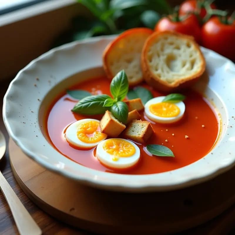 Cuenco hondo de cerámica blanca con sopa de tomate mallorquina fría, decorada con cuartos de huevo duro, trozos de pan tostado dorado y hojas de albahaca fresca. Al fondo, una cuchara de madera y un chorrito de aceite de oliva virgen extra.