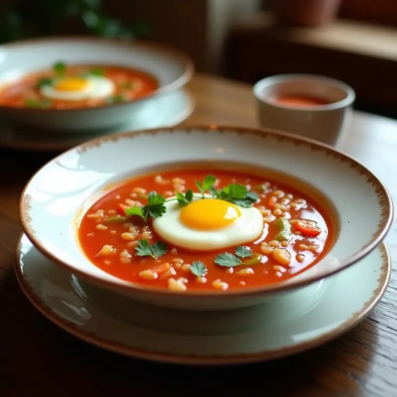 Plato hondo de cerámica blanca con sopa de tomate murciana cremosa, arroz redondo y un huevo escalfado en el centro, decorado con perejil fresco y un hilo de aceite de oliva virgen extra.