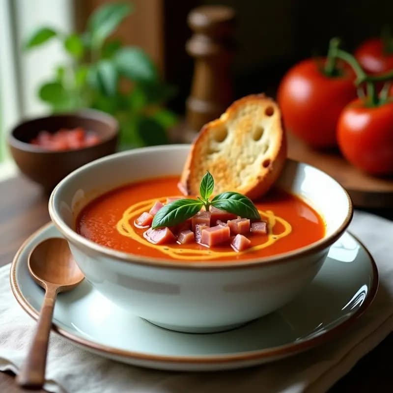 Cuenco hondo de cerámica blanca con sopa de tomate cremosa, pan tostado dorado y trozos de jamón serrano. decorado con albahaca fresca y un hilo de aceite de oliva, sobre un mantel rústico de lino.