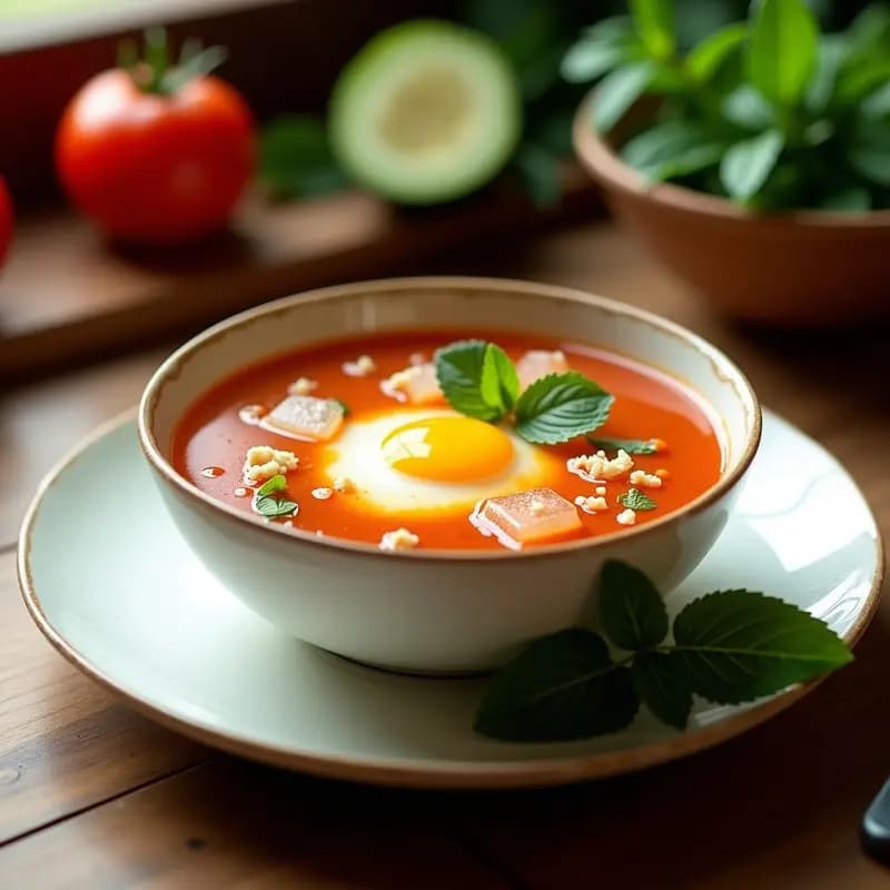 Cuenco de cerámica blanca con sopa fría de tomate y pepino, decorada con huevo duro desmenuzado y hojas de menta fresca, sobre fondo rústico de madera con luz natural de verano.