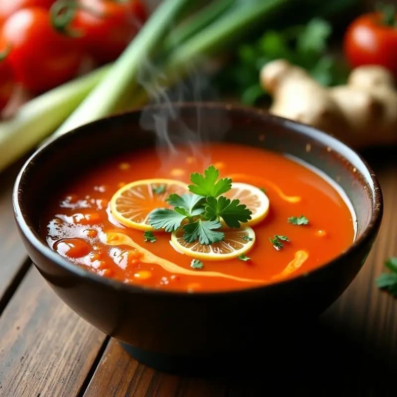 Cuenco de cerámica oscura con sopa de tomate tailandesa humeante, de color rojo intenso, decorada con rodajas de limoncillo, hojas de cilantro fresco y un toque de aceite de coco. Fondo con ingredientes como tallos de limoncillo, jengibre y tomates perita cortados.