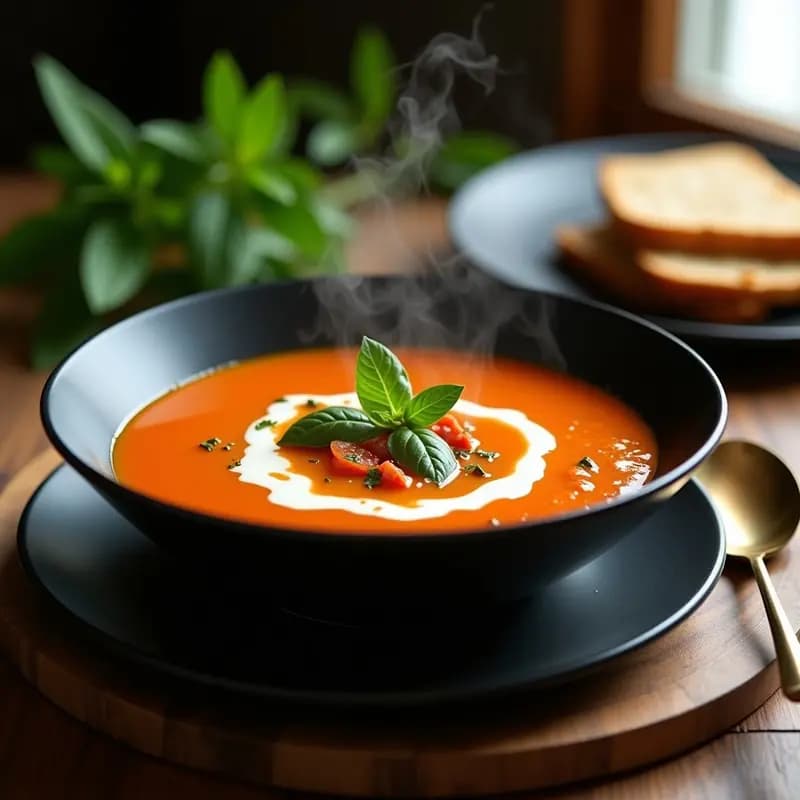 Cuenco hondo de cerámica negra con sopa de tomate tugrik y albahaca, decorada con yogur de yak y hojas de albahaca siberiana fresca, sobre fondo rústico de madera con especias al lado.
