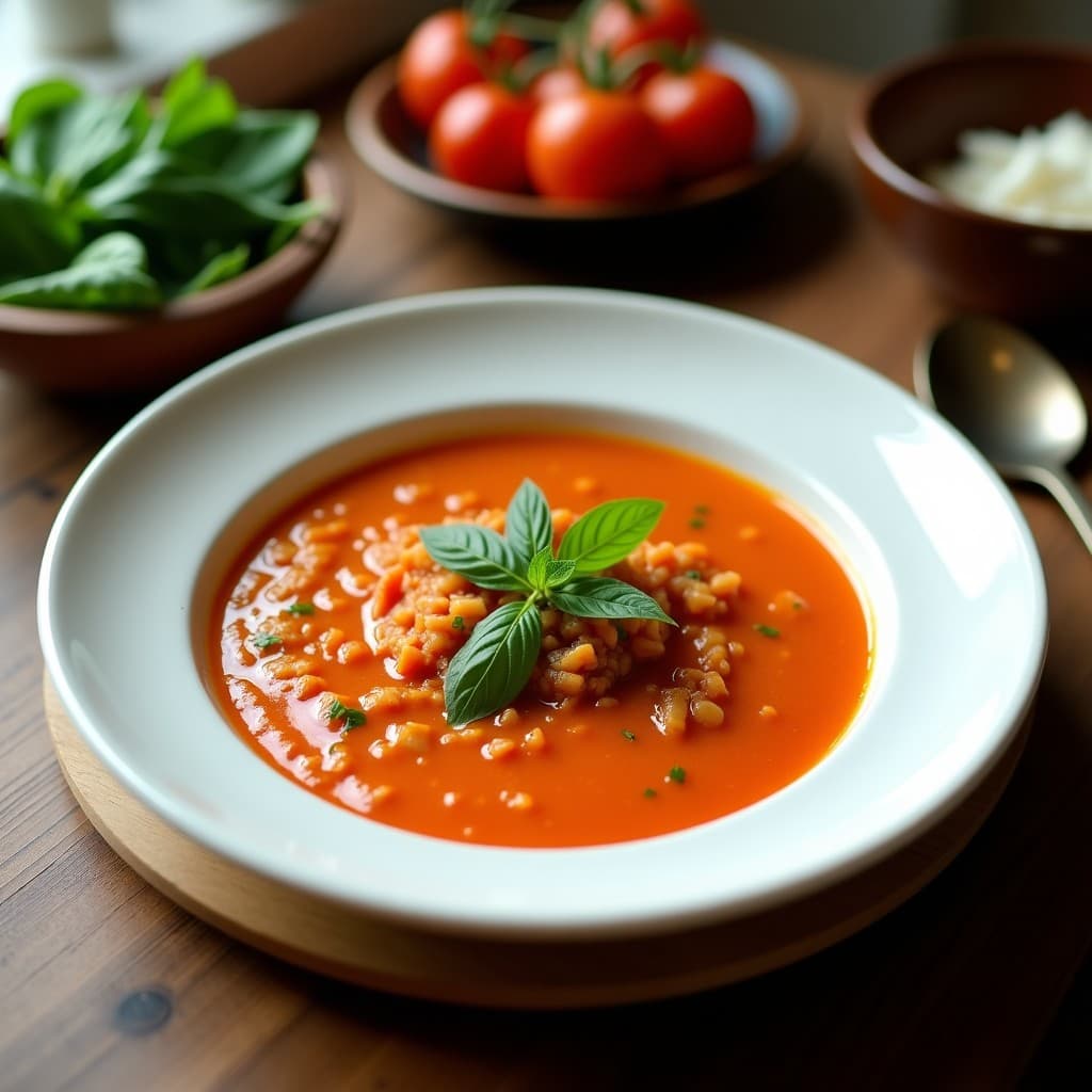 Cuenco blanco con sopa vietnamita de tomate verde y albahaca, coronada con virutas de coco tostado, hojas de menta y rodajas de chile verde, sobre fondo de madera rústica con hierbas frescas.