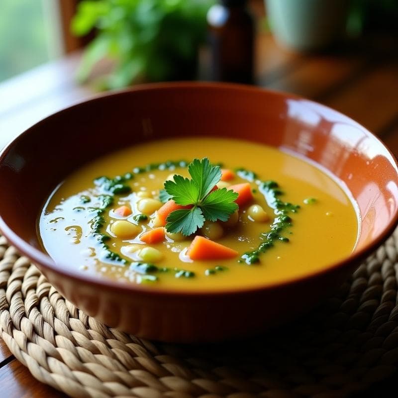Plato hondo de barro con sopa espesa de tomate verde y albanyó, decorada con vinagreta de cilantro fresco. Receta salvadoreña en olla lenta, servida con un toque de aceite de oliva.