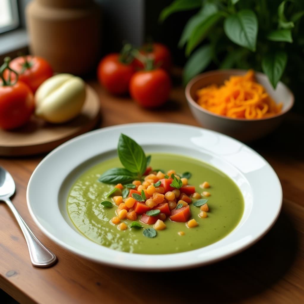 Plato hondo de cerámica negra con sopa de tomate verde y amy colombiana vegana, cremosa y de color verde pálido, decorada con cilantro fresco y un hilo de aceite de oliva. Acompañada de tostadas de plátano verde en un fondo rústico.