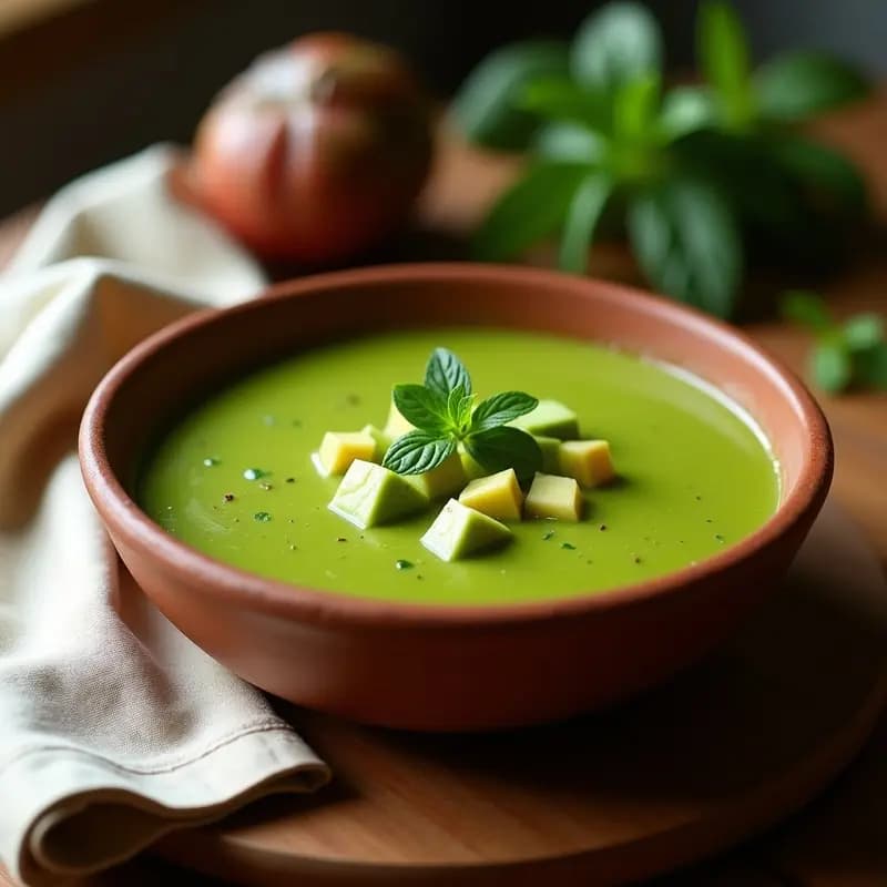Cuenco de sopa verde espesa con trozos de aguacate fresco y hojas de poleo, receta cubana sin lactosa, servida en plato de barro rústico.