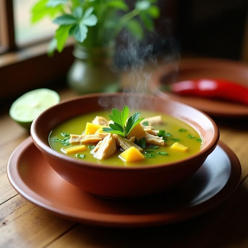 Plato hondo de barro con sopa de tomate verde y pollo desmenuzado, servida humeante con trozos de papa amarilla, cilantro fresco y un toque de ají amarillo. Receta peruana en olla exprés.