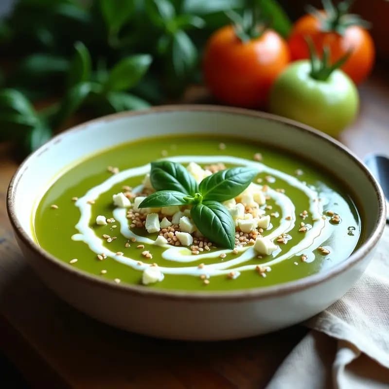 Cuenco hondo de cerámica blanca con sopa cremosa de tomates verdes, decorada con queso feta desmenuzado, hojas frescas de albahaca y un hilo de aceite de oliva. Plato griego ligero y vibrante sobre fondo rústico de madera.