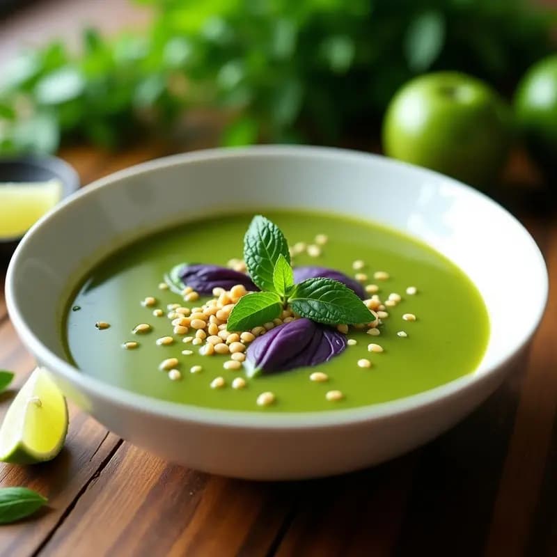 Cuenco blanco de cerámica con sopa fría de tomates verdes y albahaca, decorada con hojas de albahaca morada, menta, semillas de sésamo y rodajas de lima. Fondo borroso con hierbas frescas y luz natural.