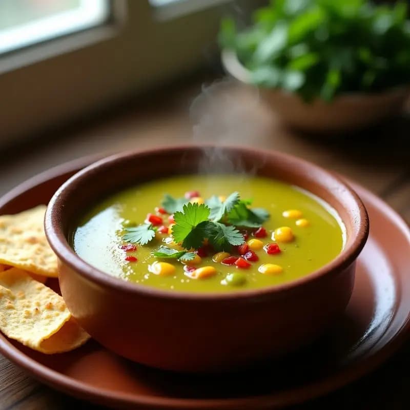 Plato hondo de barro con sopa de tomates verdes y elote, decorada con cilantro fresco y chile piquín. La sopa tiene una textura semilíquida con trozos visibles de maíz y tomatillos, acompañada de totopos crujientes.