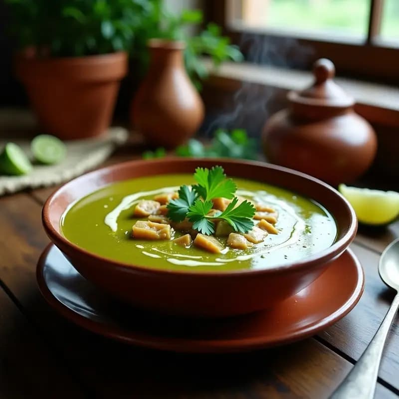 Tazón de barro humeante con sopa de tomatillo y pescado blanco, decorada con cilantro fresco y semillas de calabaza tostadas, sobre fondo rústico de madera oscura.