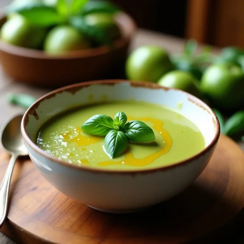 Sopa cremosa de tomatillos y pimiento poblano en un bol blanco, decorada con hojas de albahaca fresca y un hilo de aceite de oliva. Receta peruana sin lácteos en Thermomix, con un fondo rústico de madera.