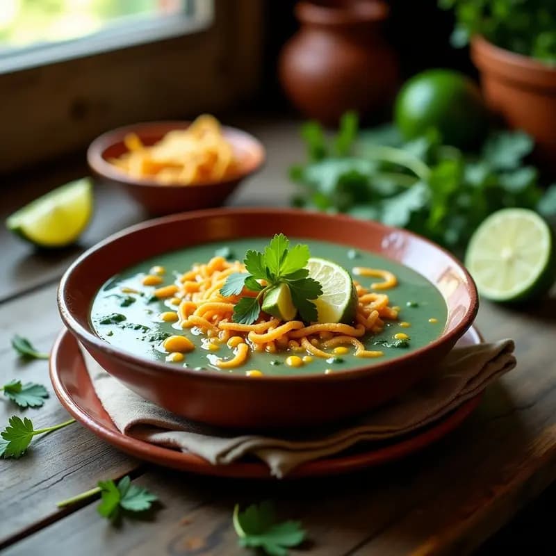Plato hondo de barro con sopa de tortilla de elote azul con epazote, decorada con tiras crujientes de tortilla de maíz azul frita, cubos de aguacate, semillas de calabaza tostadas y cilantro fresco. El caldo tiene un tono azulado suave con trozos de elote visible. Fondo rústico con textura de madera.
