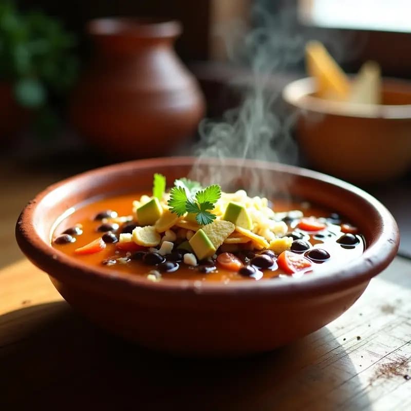 Plato hondo de barro con sopa de tortilla mexicana espesa, llena de frijoles negros, trozos de tomate y cebolla, coronada con tiras doradas de tortilla tostada, aguacate en cubos, cilantro fresco y queso desmenuzado. Fondo rústico con textura de madera y luz cálida que resalta los colores terrosos de la sopa.