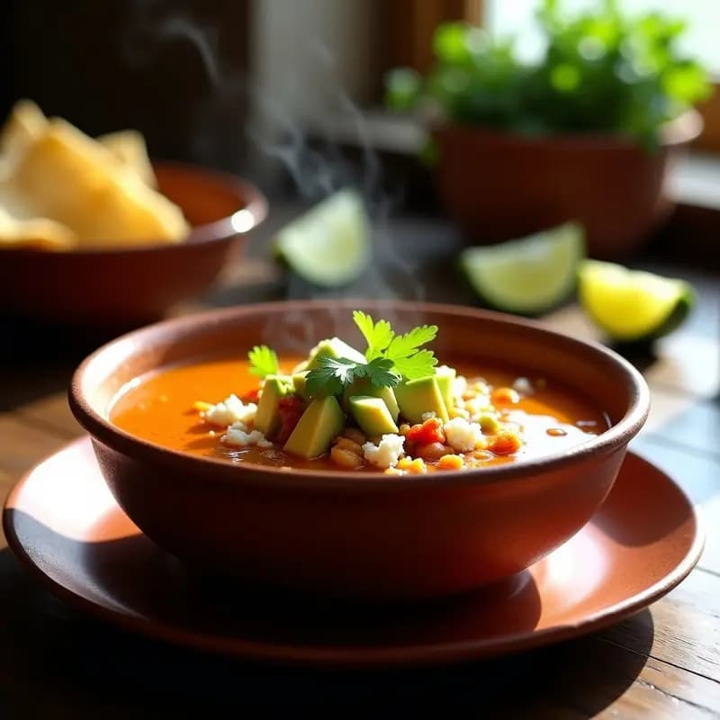 Bowl de barro con sopa de tortilla de maíz azul, caldo espeso color ámbar con tiras doradas de tortilla frita sobre la superficie, decorado con cubos de aguacate, queso fresco vegetal y cilantro fresco, fondo rústico de madera.