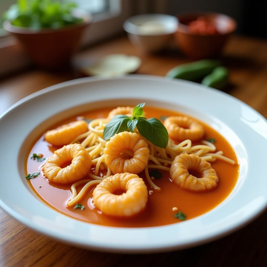 Cuenco hondo de cerámica negra con sopa de fideos udón bañados en caldo dashi dorado, coronados por camarones crujientes en tempura, algas nori oscuras, cebollino verde y semillas de sésamo. Plato tradicional japonés con texturas contrastantes, servido con palillos.