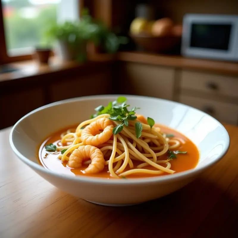 Bol hondo negro con sopa de fideos udon gruesos sumergidos en un caldo dashi dorado, coronados con tempura de camarones crujientes, algas nori en tiras, cebollino picado y semillas de sésamo. Plato tradicional japonés reconfortante.