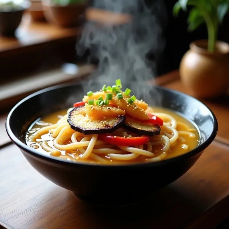 Cuenco hondo de cerámica negra con sopa de fideos udón bañados en caldo dorado, coronados con tempura de berenjena, pimiento rojo y cebolla morada crujiente. Decorado con semillas de sésamo, cebollino picado y ralladura de limón sobre fondo de madera rústica.
