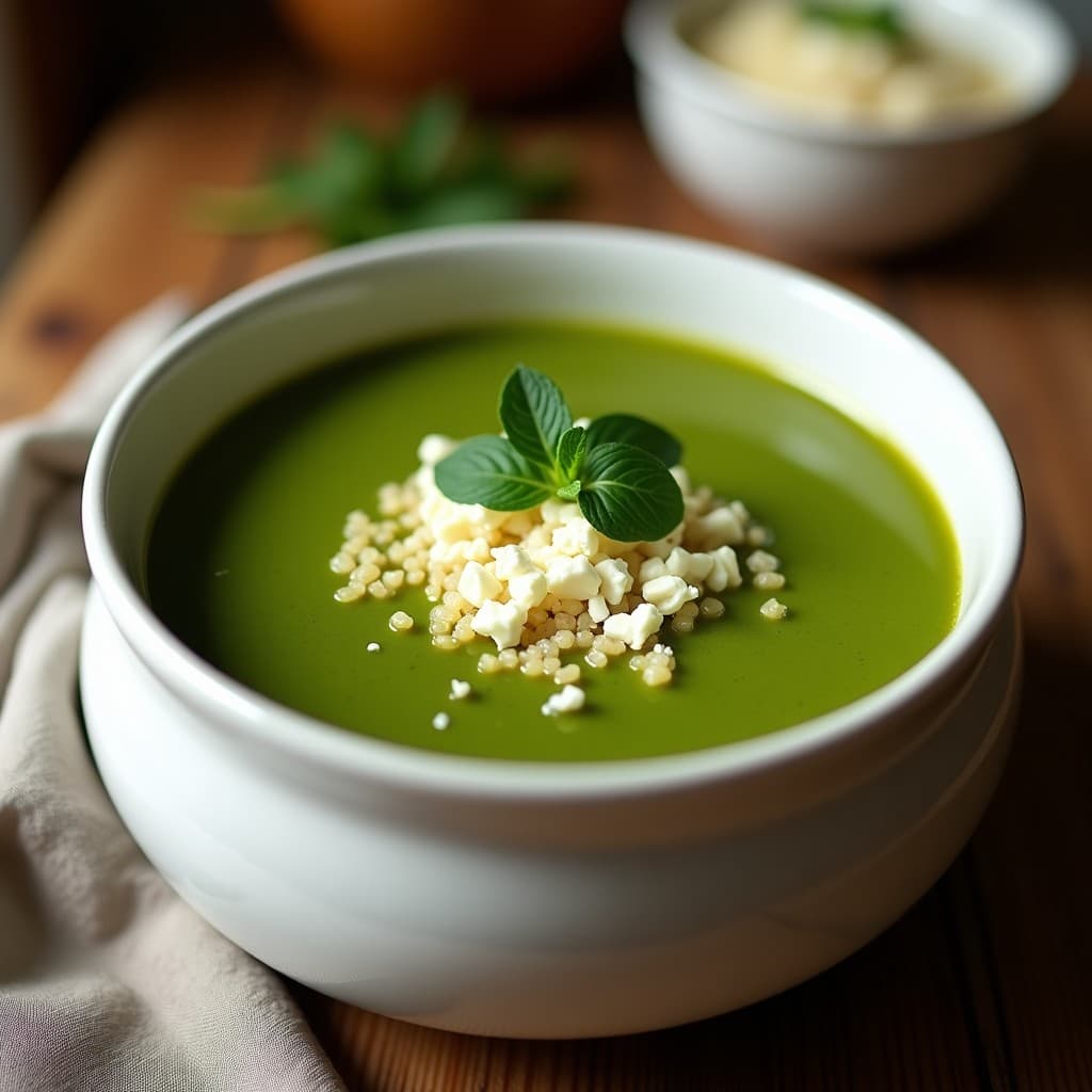 Plato hondo de cerámica blanca con sopa verde peruana espesa, espinacas frescas, trozos de apio y quinua visible, decorada con queso fresco desmenuzado y hojas de huacatay.