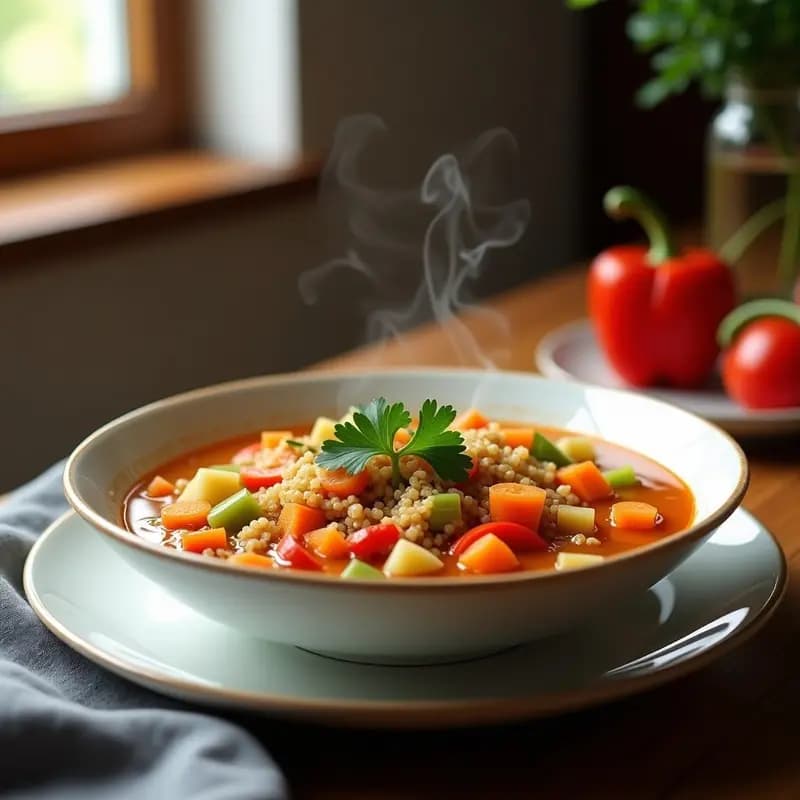 Plato hondo de cerámica blanca con sopa espesa de verduras y quinoa, decorada con perejil fresco, servida en olla express.
