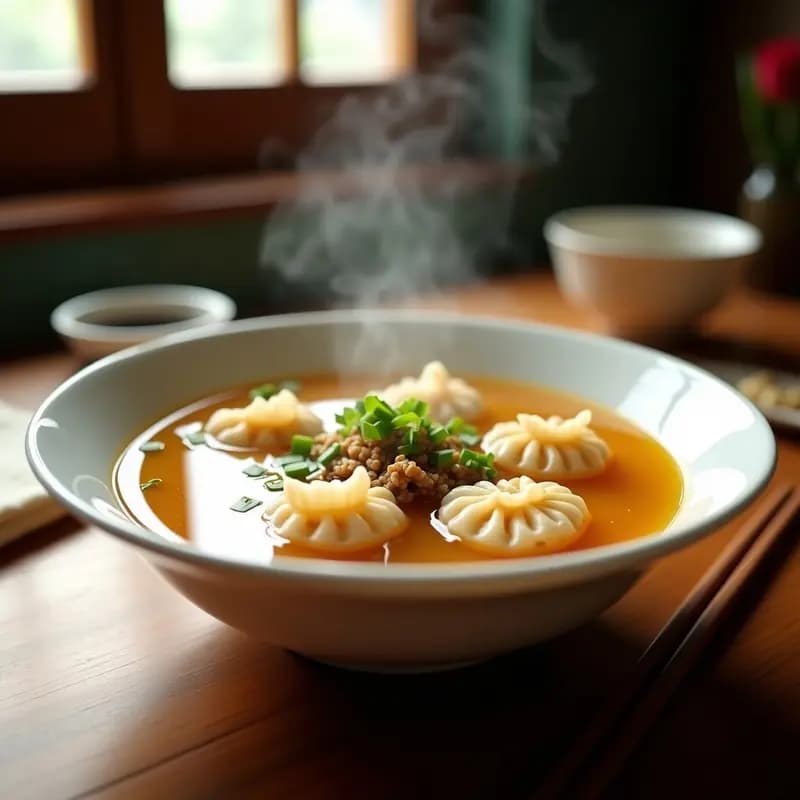 Bowl de porcelana blanca con sopa wonton de camarones y jengibre, caldo dorado transparente, wontons flotando con relleno visible, decorado con cebollino y cilantro fresco, fondo de mesa de madera oscura con palillos chinos.